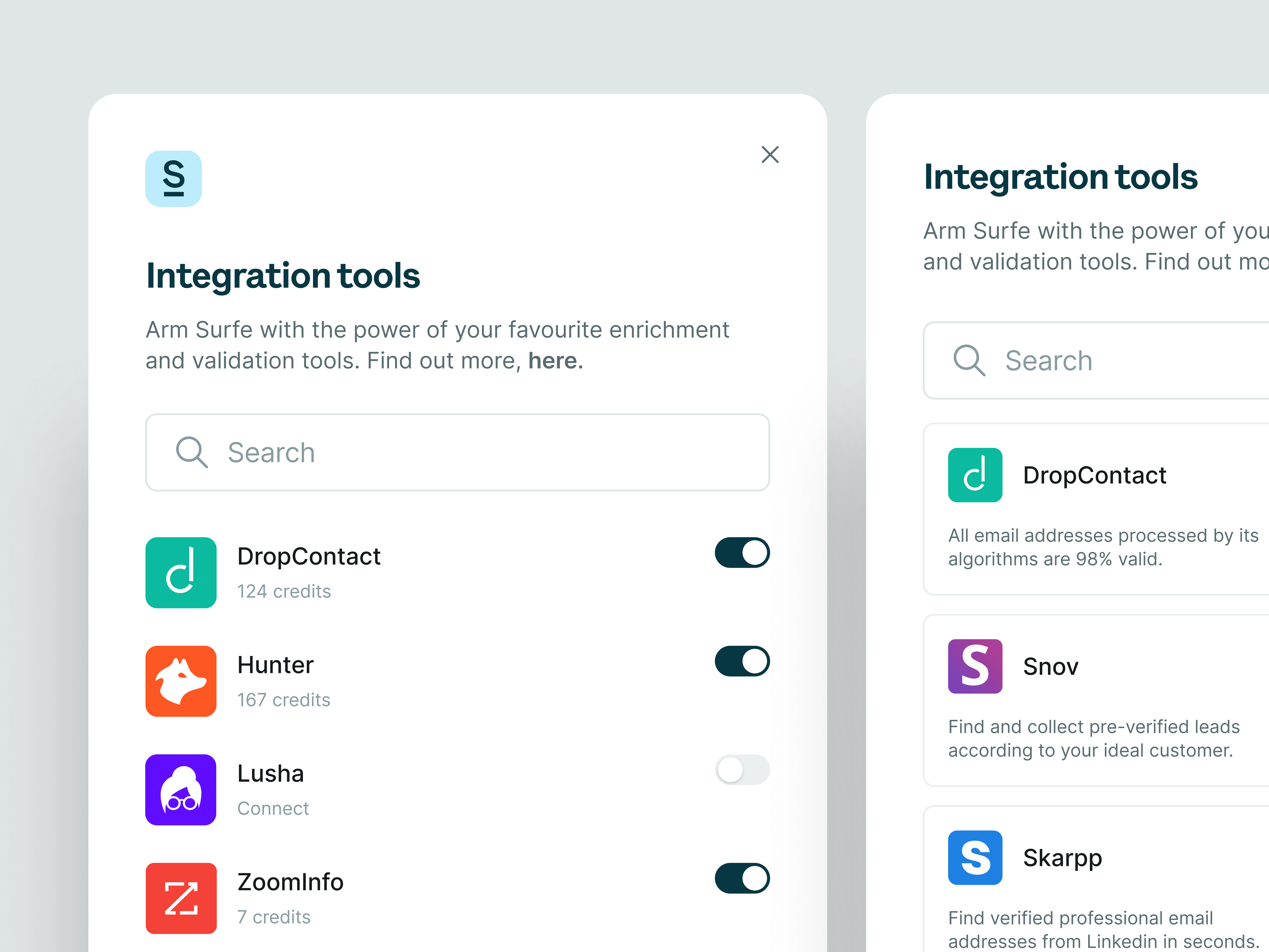 Integrations settings — Surfe UI cards components connect credits design system integrations minimal modals navigation pop up preferences product design saas search bar settings settings page toggle ui design user interface visual design