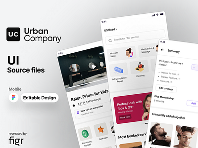 Urban Company Mobile UI (Redesigned) android beauty cleaning coins design editable figma free hair help ios kit marketplace mobile app products salon style uc ui ux urban company