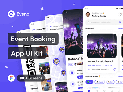 Eveno - Event Booking App UI Kit app app design application design design system event app event appointment app event booking app event management app event organizing app event ticketing app interface mobile mockup portfolio project ui ui design ui kit uiux