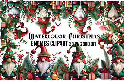 Watercolor Christmas Gnomes Clipart fun
