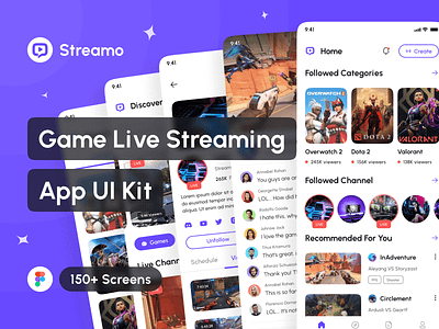 Streamo - Game Live Streaming App UI Kit app app design application design design system esports app game live streaming gaming app interface live broadcasting app live streaming app mobile mockup portfolio twitch ui ui design ui kit uiux video streaming app