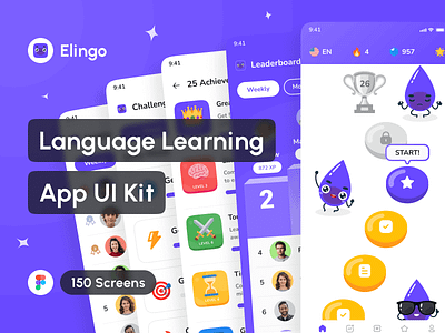 Elingo - Language Learning App UI Kit app app design application design design system e learning app education app english learning app interface language learning app mobile mockup online course app online learning app portfolio quiz app ui ui design ui kit uiux