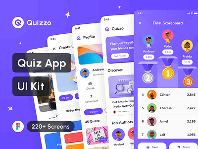 Quizzo - Quiz App UI Kit app app design application design design system e learning app education app games app interface mobile mockup online learning app portfolio quiz app social media app trivia app ui ui design ui kit uiux