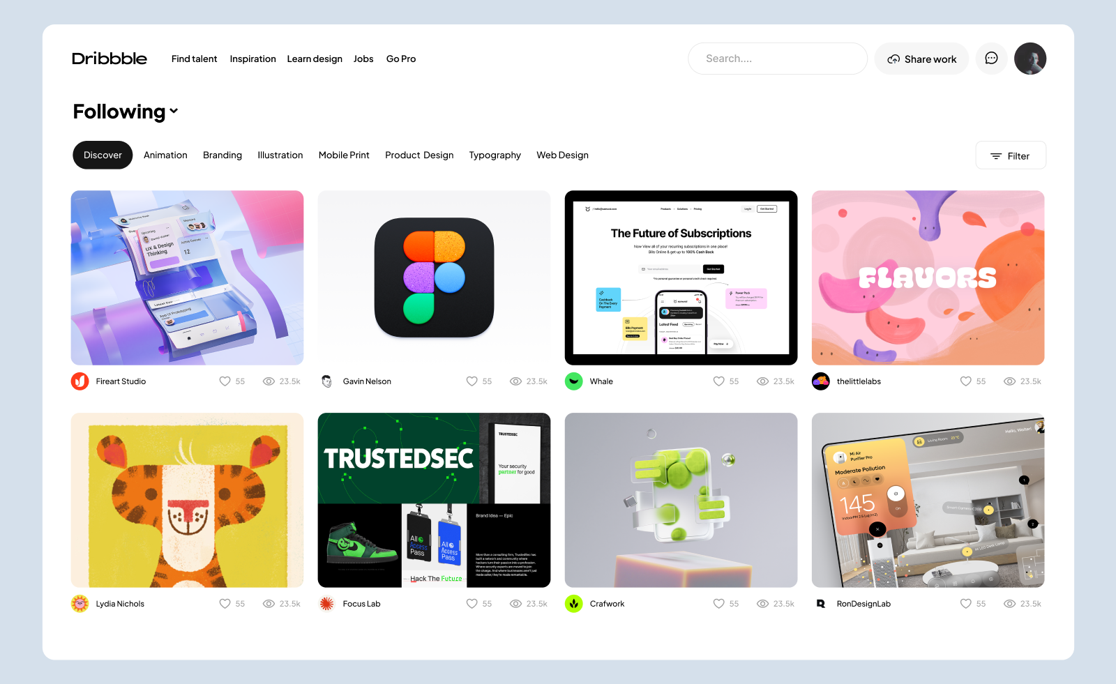 Dribbble Redesign app card clean design filter grid illustration logo minimal navigation page redesign ui web