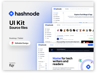 Hashnode Web UI (Redesigned) articles blogging bootcamp community dashboard design developer editable figma free graphics hashnode interfaces kit landing page saas templates ui ux webapp website