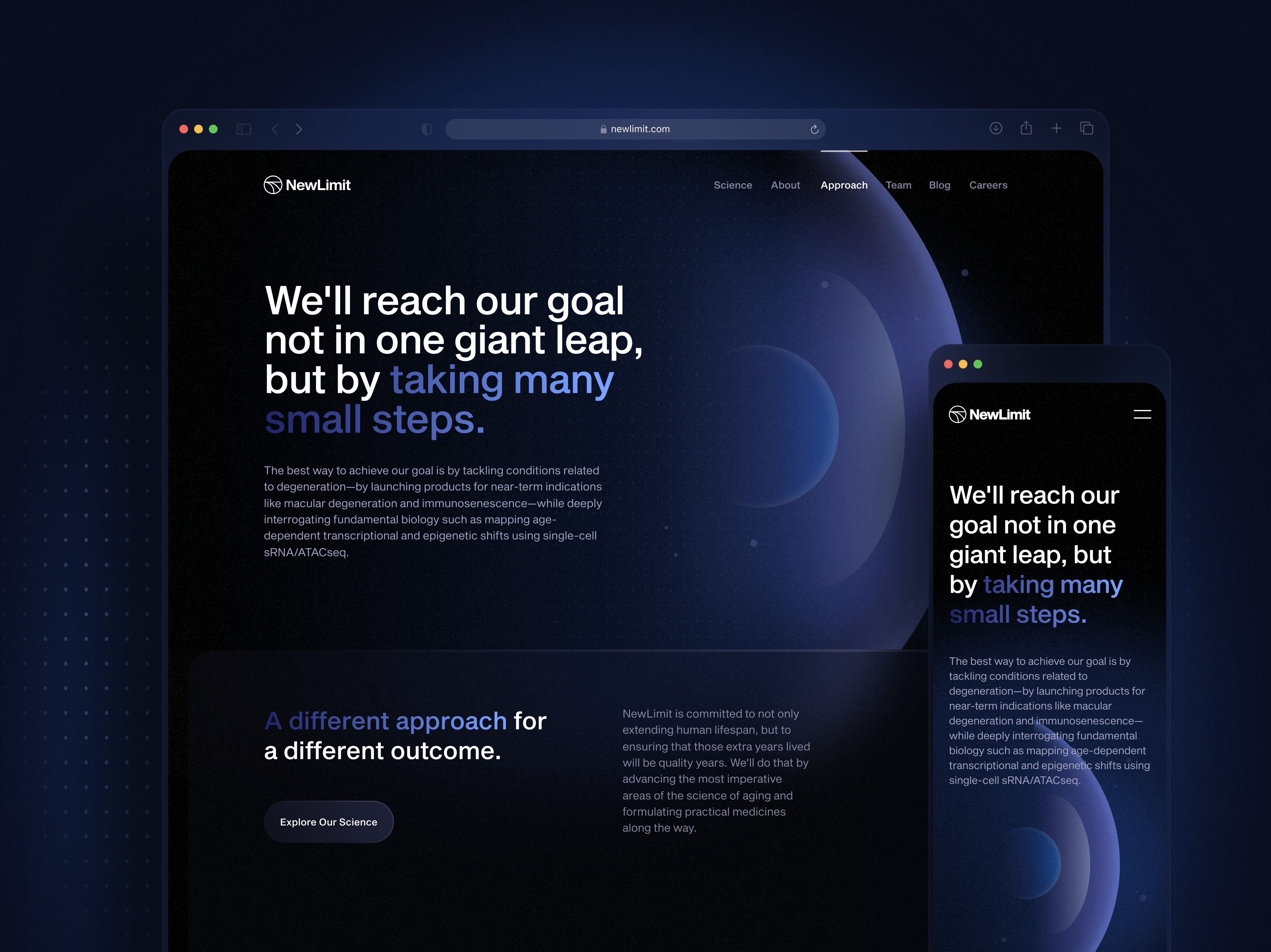 NewLimit - Extending human healthspan dark mode website dark website darkmode depth gradient health healthcare human landing marketing medical medical care medicine mobile responsive shadows texture treatment ui website