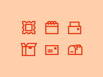 Icons for a mailing service brand bold box branding calendar geometric graphic design iconography icons illustrator inspriation mail box mailing minimal orange print printer red orange shipping stamp icon vector