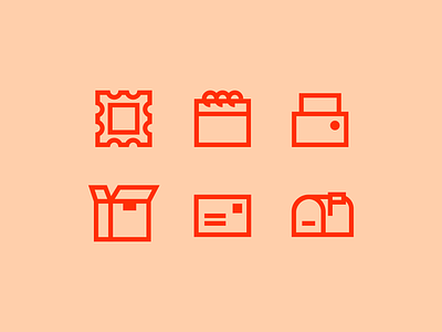 Icons for a mailing service brand bold box branding calendar geometric graphic design iconography icons illustrator inspriation mail box mailing minimal orange print printer red orange shipping stamp icon vector