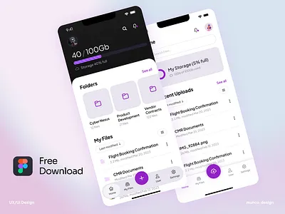 File Storage App - App Home Screen Design Template app avatar file files folder home ios mobile my files navigation progress purple server space storage template ui upload violet white