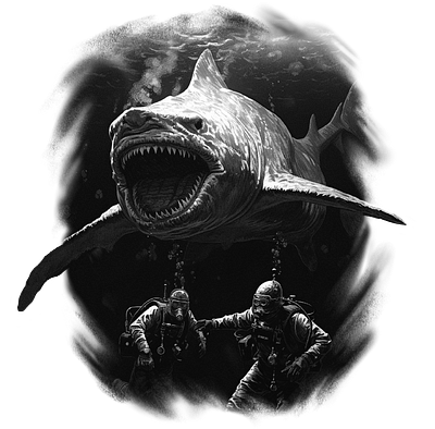 Megalodon shark about to eat two scuba divers ai book cover diver graphic design horror illustration midjourney procreate scuba sea bottom shark