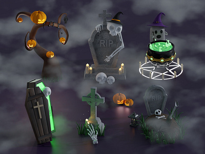 Isometric Halloween Scene 3d blender graveyard halloween happyhalloween illustration pumpkins skeleton skull spooky wizard