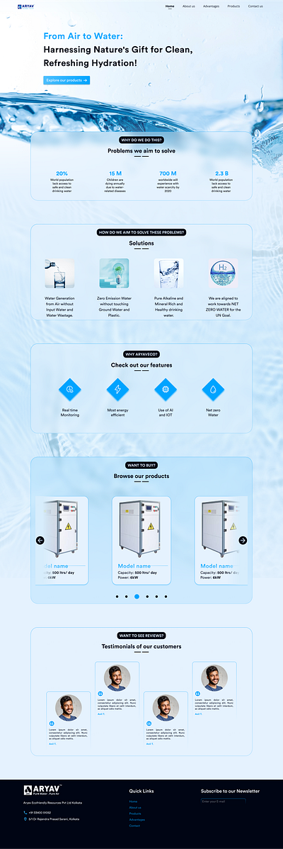 Home Page for Water Purifier Company design home page landing page ui