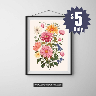 Birth Flower Wall Art - Birth Flower Bouquet Tattoo Gift birth flower art birth flower bouquet tattoo birth flower gift birth flower tattoo birth flower wall art floral wall art flower wall art gift for grandma gift for mother