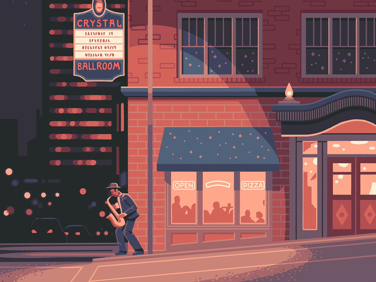 Crystal Ballroom illustration jazz musician night oregon portland poster procreate saxophone street