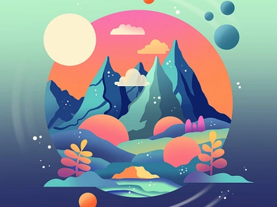 Colorful stylized landscape 2d design graphic design illustration moon mountains procreate storybook stylized