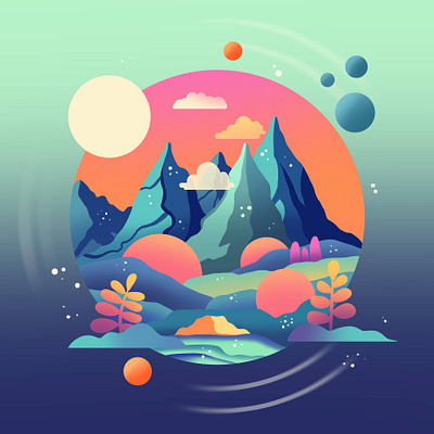 Colorful stylized landscape 2d design graphic design illustration moon mountains procreate storybook stylized