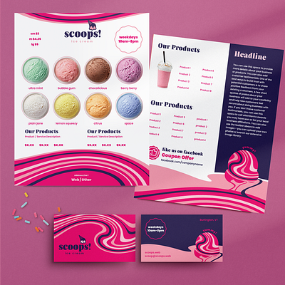 Ice Cream Shop Brand Identity Set branding business card flavors flyer graphic design ice cream identity marketing menu swirls