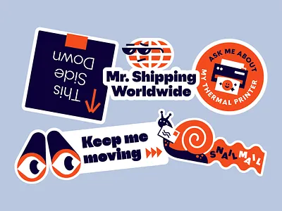 Shipping stickers blue brand identity branding color design eyes fun globe graphic graphic design illustration illustrator inspiration orange playful printer shipping shipping stickers snail mail stickers