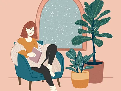 Cozy Reading Nook cozy corner falling snow girl reading girl reading in chair illustration motion graphics procreate reading reading corner snow fall snow storm snowfall winter
