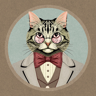 Very serious Mr. Cat bow tie cat character chic design detailed drawing elegant graphic design illustration kitty pink glasses portrait vector vector illustration