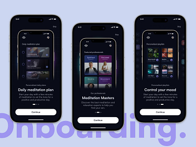 Onboarding screens calming app celan ui dark mode dark mode ui dark theme meditation meditation app meditation ui minimal design mobile mobile dark ui mobile design onboarding onboarding flow relaxation app ui ui design ux ui