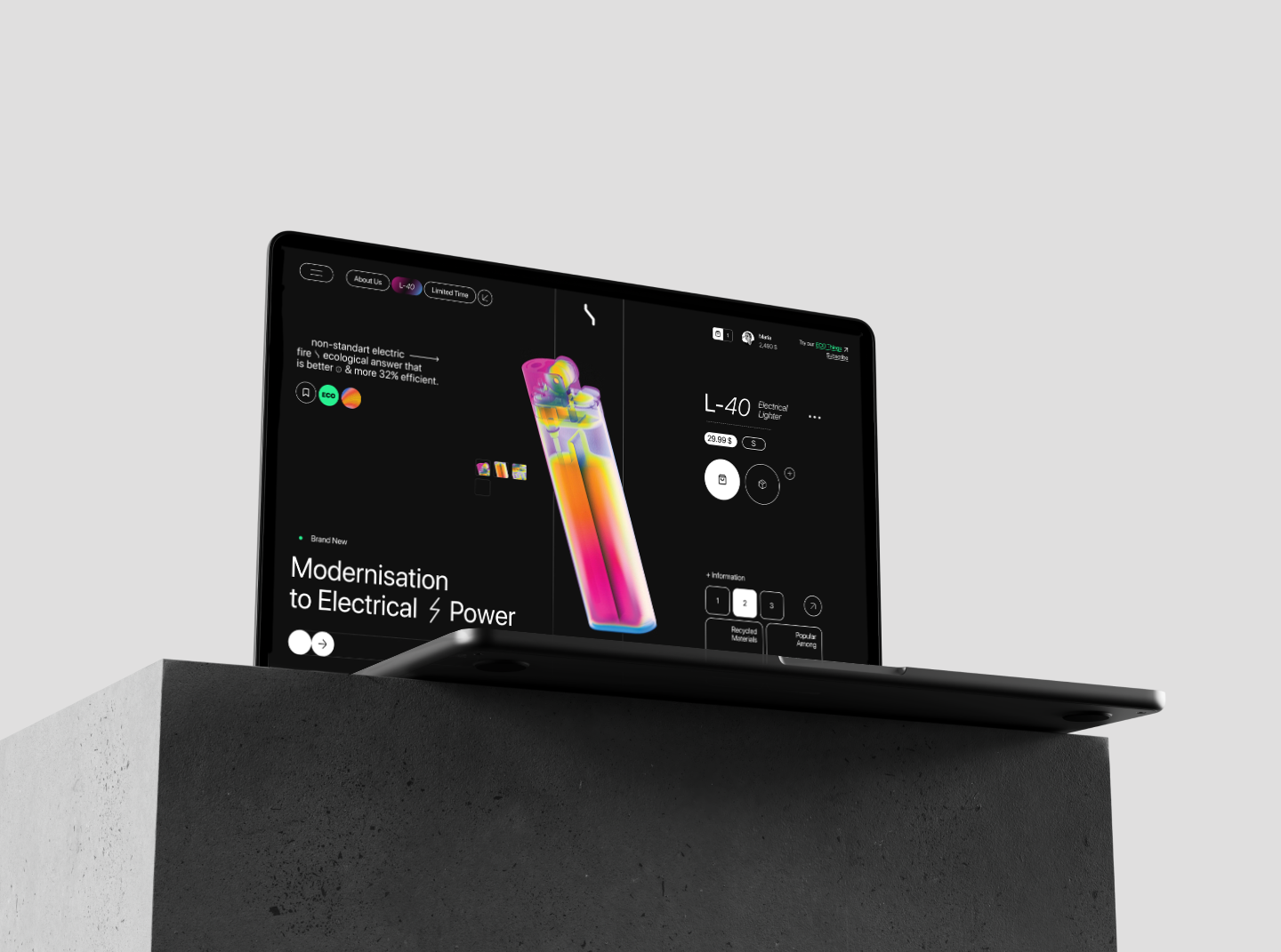 green power e-commerce \ / 2023 2024 black clean e commerce eco fire green power landing page lighter modern renewable energy shop trand ui website