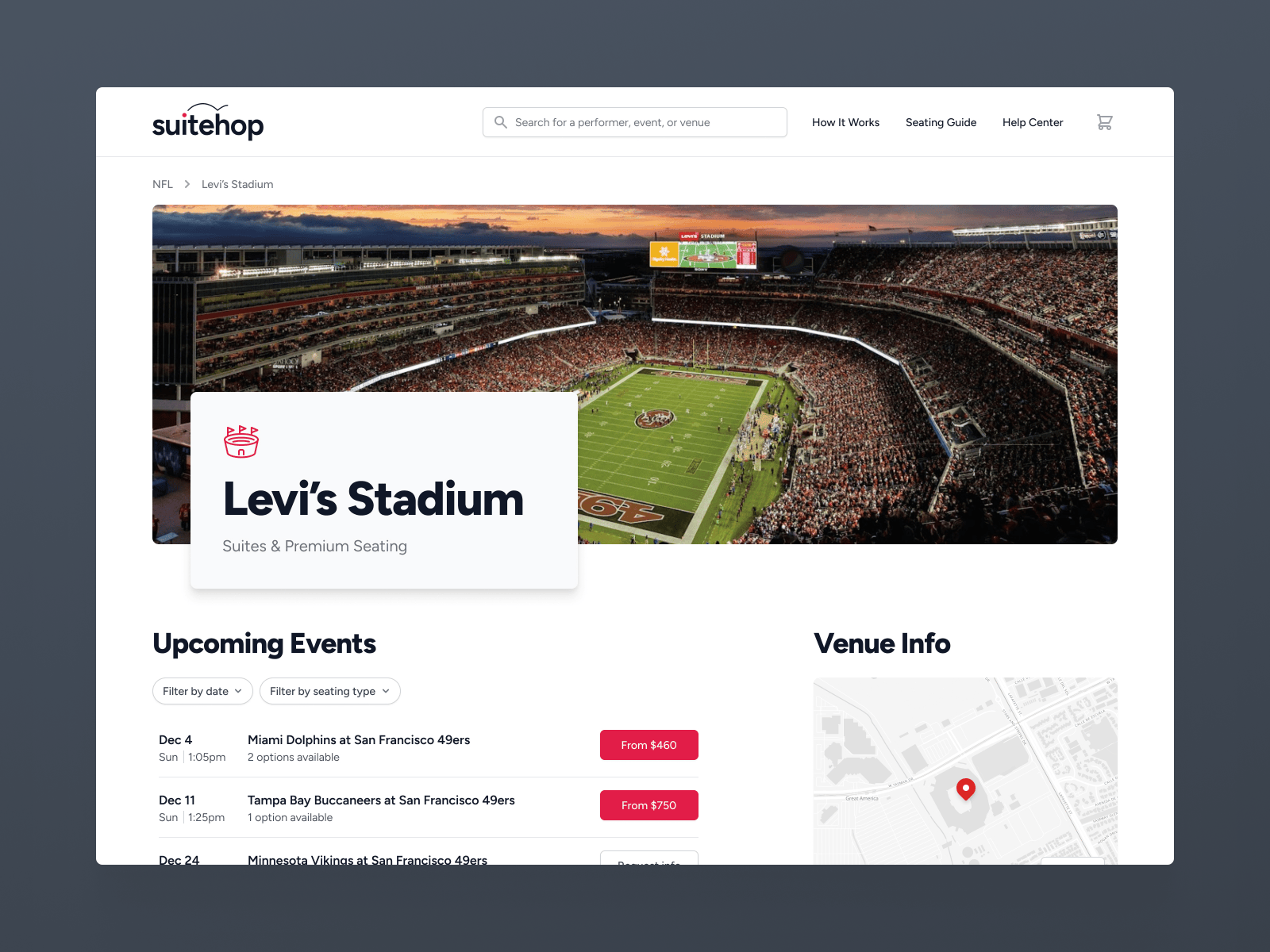 Venue page for SuiteHop anchor navigation concert cover desktop event hero landing page map photo sports stadium ui ux venue