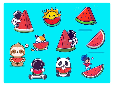 🍉🍉🍉 animals astronaut boy cat character cute eating food fresh fruit icon illustration logo panda slice sloth snack sun watermelon