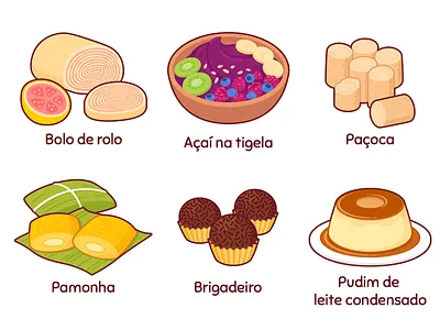 Brazilian desserts acai bowl açaí na tigela bolo de rolo brasil brazil brazilian brigadeiro cartoon dessert drawing food fruit illustration pamonha paçoca sweet vector