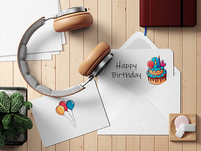 Custom Stickers Design | Greeting Card Happy Birthday balloons branding cake card design graphic design greeting happy birthday illustration logo postcard vector