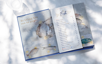 Tanjung Bira Restaurant - Menu Book blue book design east fish food fresh graphic design illustration indonesia layout menu menu book menu design price list publication restaurant seafood