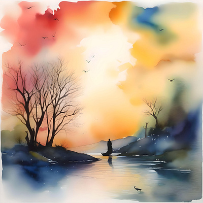 Fall Evening Scene A in Watercolors & Pen adventure artwork autumn color colors dawn dusk evening fall fisherman fishing garden hiking hunting illustration leaves nature nature art pen watercolor