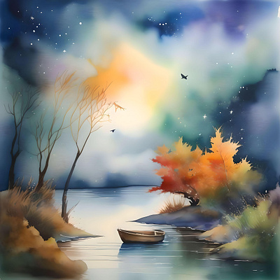 Fall Evening Scene B in Watercolors & Pen
