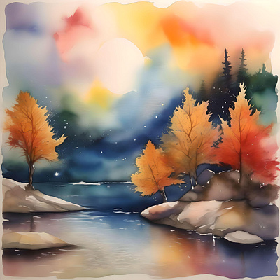 Fall Evening Scene D in Watercolors & Pen