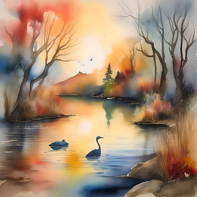 Fall Evening Scene E in Watercolors & Pen