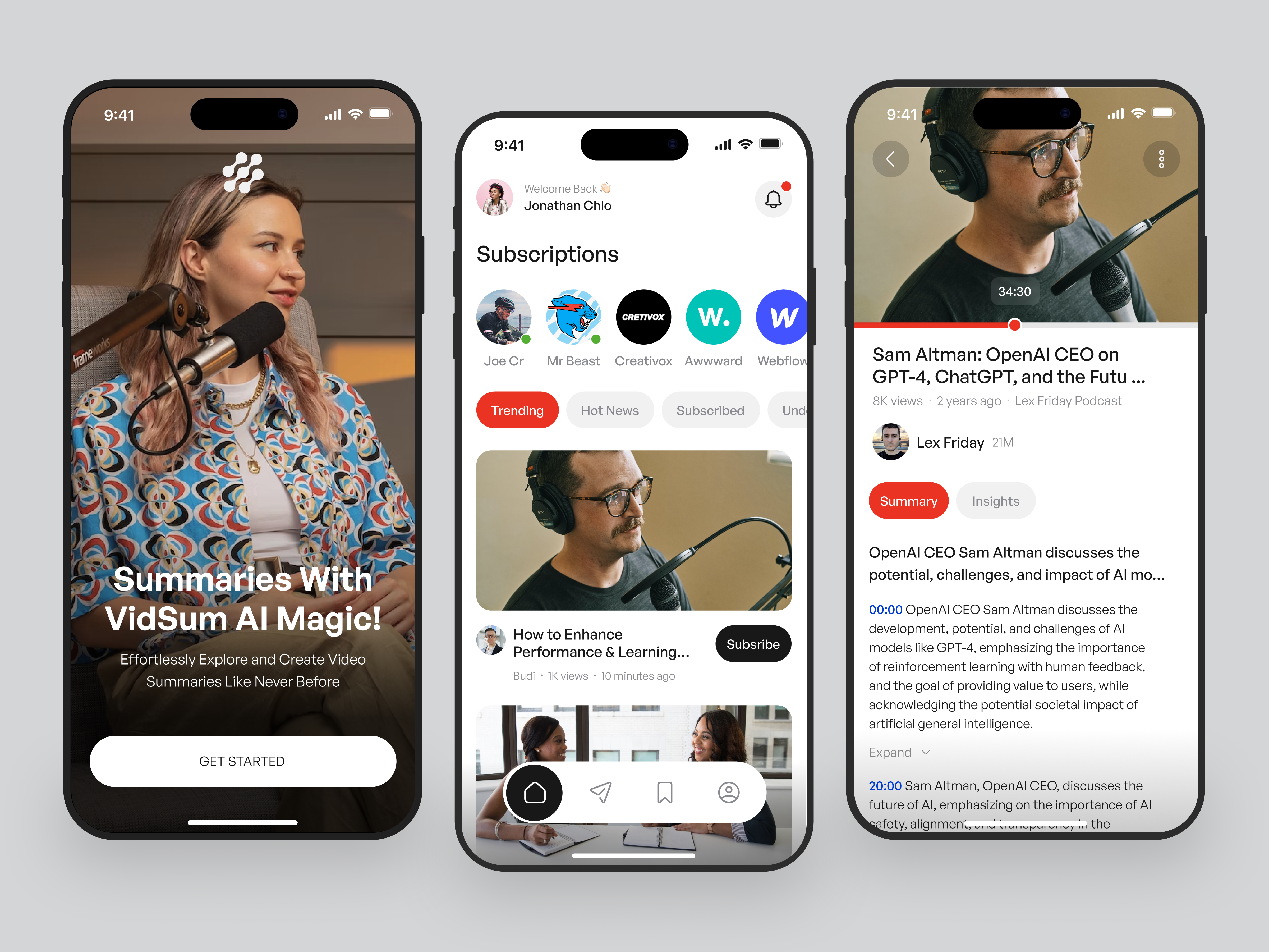 Vidsum AI - Video Summary AI Mobile Apps ai apps artificial intellegence assistant design interface mobile mobile design podcast streamer streaming app summary ui ux video video stream video summary youtube youtube design youtube mobile