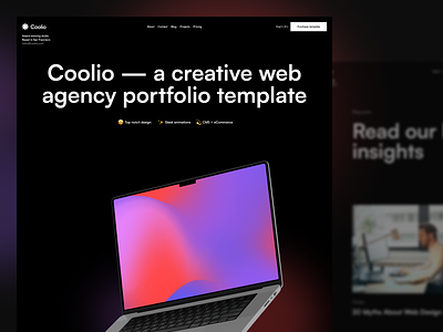 Coolio - Web Agency Webflow template agency agency template app branding centered hero dark design graphic design hero hero section illustration laptop logo minimal portfolio portfolio template template ui webflow webflow template