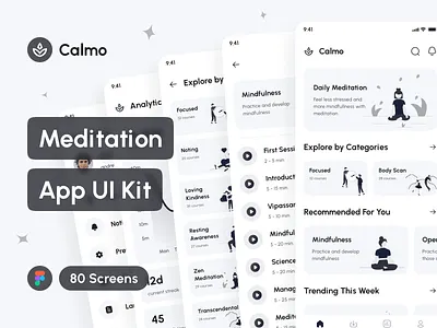 Calmo - Meditation App UI Kit app app design application design design system health app interface meditation app mindfulness app mobile mockup portfolio project relaxation app sleep app ui ui design ui kit uiux yoga app