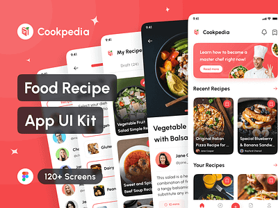 Cookpedia - Food Recipe App UI Kit app app design application cook recipe app cookbook app cooking app design design system food app food recipe app interface mobile mockup portfolio project social media app ui ui design ui kit uiux