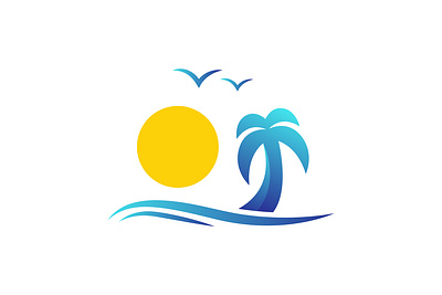 Nature beach vacation, wave and sun with palm tree vector logo branding graphic design logo nature wave and sun
