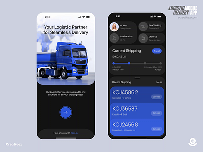 Logistic Partner Delivery App app design appdesign cargo courier deliver delivery design ecreativez logistic logistic company logistic partner delivery app mobile mobileapp package shipment shipping track tracking transport uxui