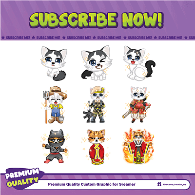 kitties with a Japanese cultural theme cat cat lovers design discord emotes facebook emotes farmer hayabusa illustration japan king kitten kitty loyalty badges ninja sub badges sub emotes twitch emotes youtube emotes