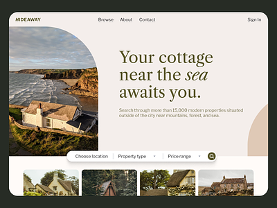 Hideaway - House finding website 30daysofwebdesign aesthetic airbnb branding buy cottage core freelance freelancer home search house search logo logo design real estate rent sell ui ui design web web design
