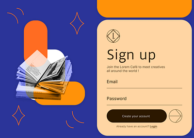Sign up - Lorem Café Bookshop branding cards daily ui dailyui doodle flat graphic design orange purple rounded signup ui web web design