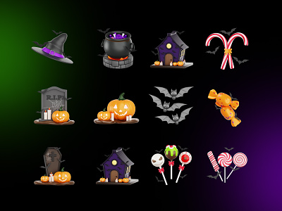 Halloween 3D Icons 3d 3d modeling bats blender c4d candy coffin halloween icon icons illustration pumpkin