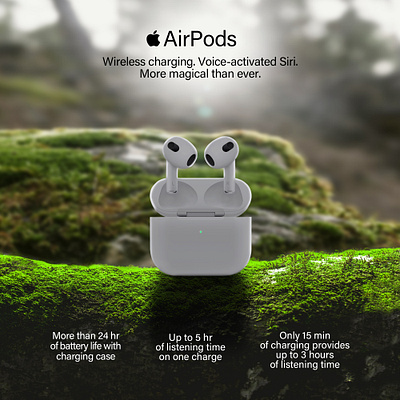 AirPods on branches at forest branding graphic design