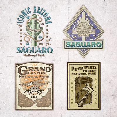 T-shirt Designs for Arizona National Parks antique apparel arizona artifact bazaar cactus colorful fonts grand canyon iconic national parks outdoors park badges petrified forest retro saguaro shirt designs t shirts texture brushes textured vintage