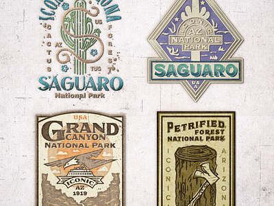 T-shirt Designs for Arizona National Parks antique apparel arizona artifact bazaar cactus colorful fonts grand canyon iconic national parks outdoors park badges petrified forest retro saguaro shirt designs t shirts texture brushes textured vintage