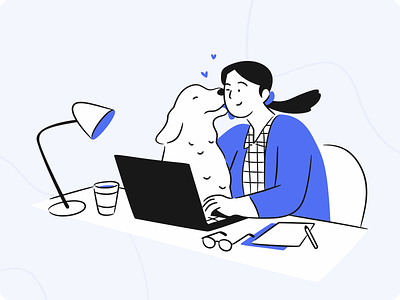 Spacy - Working With Dog Illustration 2d clean creative design desk desk lamp dog flat glasses hand drawn illustration playing space start up table technology woman work workplace workspace