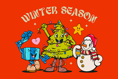 Winter Characters branding celestial christmas clipart creative market cute design gift illustration mascot moon retro santa snowman star vector winter